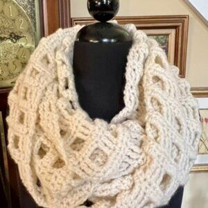 Beautiful Creamy White Hand Crocheted COWL/SCARF in a Windowpane Pattern